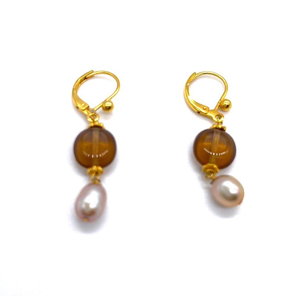 Fresh Water Pearl & Amber Dangle Earrings